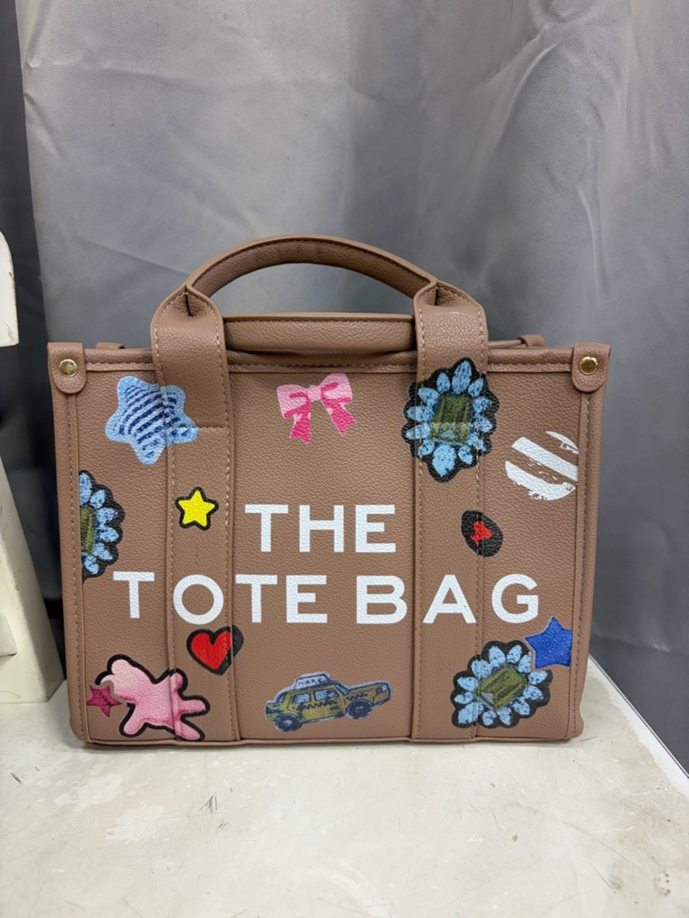 Brown tote with Colorful Patch Accents